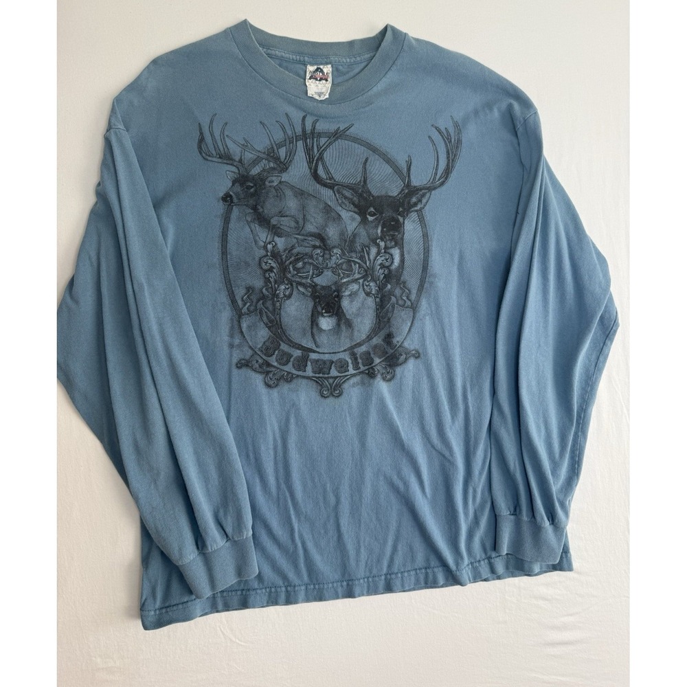 Vintage Budweiser Deer Graphic Long Sleeve Crew Neck Cotton Knit Tee Men's XL